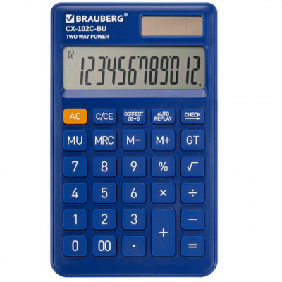 Калькулятор карманный BRAUBERG CX-102C-BU (76x126 мм), 12 разрядов, двойное питание, СИНИЙ, 272648 Калькулятор карманный BRAUBERG CX-102C-BU (76x126 мм), 12 разрядов, двойное питание, СИНИЙ, 272648