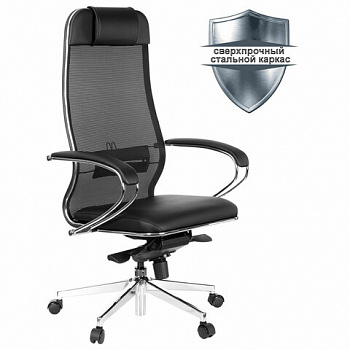 Кресло офисное МЕТТА "ErgoLife" Comfort, хром, сиденье мягкое, ткань-сетка/экокожа, черное