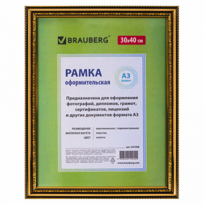 Рамка 30х40 см небьющаяся, пластик, багет 30 мм, BRAUBERG "HIT4", золото, 391008 Рамка 30х40 см небьющаяся, пластик, багет 30 мм, BRAUBERG "HIT4", золото, 391008