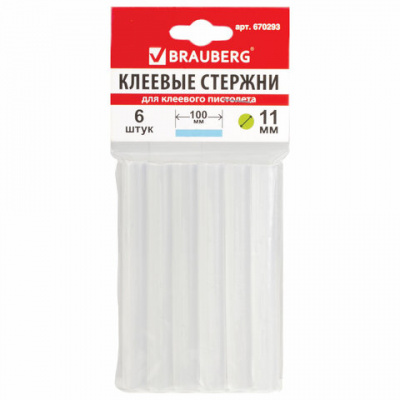 Клеевые стержни, диаметр 11 мм, длина 100 мм, прозрачные, комплект 6 шт., BRAUBERG, европодвес, 670293 Клеевые стержни, диаметр 11 мм, длина 100 мм, прозрачные, комплект 6 шт., BRAUBERG, европодвес, 670293