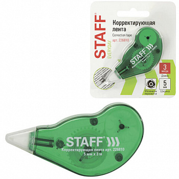 Корректирующая лента STAFF EVERYDAY, 5 мм х 3 м, корпус зеленый, механизм перемотки, блистер, 226810 Корректирующая лента STAFF EVERYDAY, 5 мм х 3 м, корпус зеленый, механизм перемотки, блистер, 226810