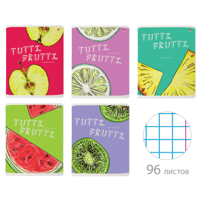 Тетрадь А5 96 л. АЛЬТ скоба, клетка, гибридный лак, "Fresh & Fruity" (5 видов), 7-96-1159 Тетрадь А5 96 л. АЛЬТ скоба, клетка, гибридный лак, "Fresh & Fruity" (5 видов), 7-96-1159