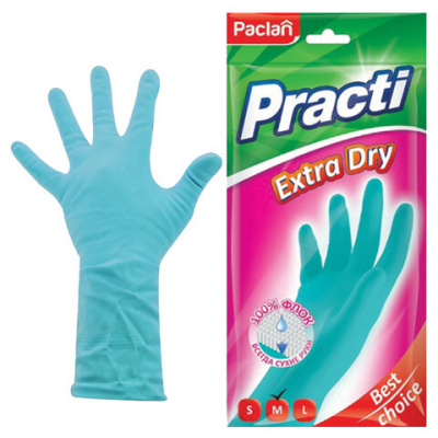 Перчатки МНОГОРАЗОВЫЕ резиновые PACLAN "Extra Dry", хлопчатобумажное напыление, 100% флок, размер 7,5-8, M (средний), синие, вес 52 г, 7340, 407341 Перчатки МНОГОРАЗОВЫЕ резиновые PACLAN "Extra Dry", хлопчатобумажное напыление, 100% флок, размер 7,5-8, M (средний), синие, вес 52 г, 7340, 407341