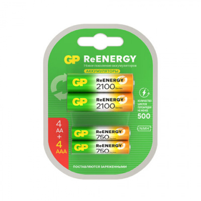 Батарейки аккумуляторные GP ReEnergy Ni-Mh НАБОР 8 шт. (ПРОМО 4+4), AA+ААА (HR6+HR03), 2000 mAh + 750 mAh, 210AAHC/75AAAHC Батарейки аккумуляторные GP ReEnergy Ni-Mh НАБОР 8 шт. (ПРОМО 4+4), AA+ААА (HR6+HR03), 2000 mAh + 750 mAh, 210AAHC/75AAAHC