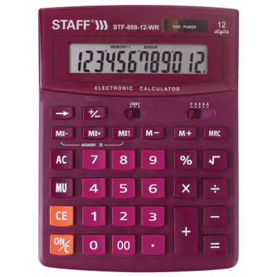Калькулятор настольный STAFF STF-888-12-WR (200х150 мм) 12 разрядов, двойное питание, БОРДОВЫЙ, 250454 Калькулятор настольный STAFF STF-888-12-WR (200х150 мм) 12 разрядов, двойное питание, БОРДОВЫЙ, 250454