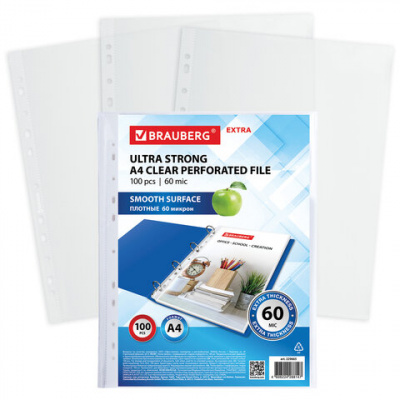 Папки-файлы перфорированные плотные А4 BRAUBERG "EXTRA 600" КОМПЛЕКТ 100 шт., гладкие, ПЛОТНЫЕ, 60 мкм, 229665 Папки-файлы перфорированные плотные А4 BRAUBERG "EXTRA 600" КОМПЛЕКТ 100 шт., гладкие, ПЛОТНЫЕ, 60 мкм, 229665