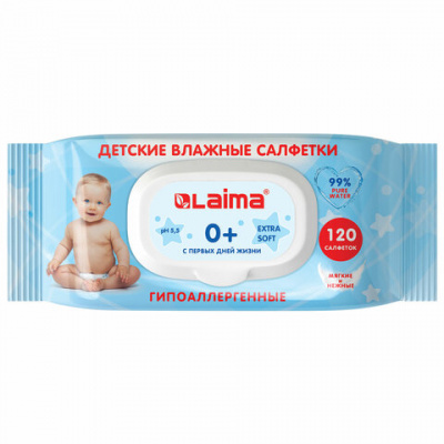 Салфетки влажные детские 120 шт., универсальные, 0+, с пластиковым клапаном, LAIMA Kids, 128079 Салфетки влажные детские 120 шт., универсальные, 0+, с пластиковым клапаном, LAIMA Kids, 128079