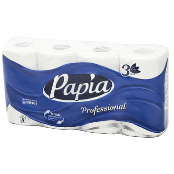 Бумага туалетная, спайка 8 шт., 3-слойная (8х16,5 м) Papia Professional, белая, 5080998