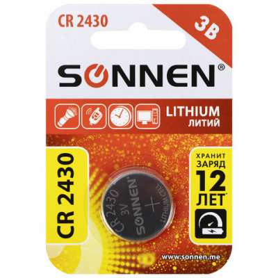 Батарейка литиевая SONNEN Lithium CR2430 "таблетка, дисковая, кнопочная" 1 шт., блистер, 455600