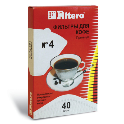 Фильтр FILTERO ПРЕМИУМ № 4 для кофеварок, бумажный, отбеленный, 40 штук, № 4/40, №4/40 Фильтр FILTERO ПРЕМИУМ № 4 для кофеварок, бумажный, отбеленный, 40 штук, № 4/40, №4/40