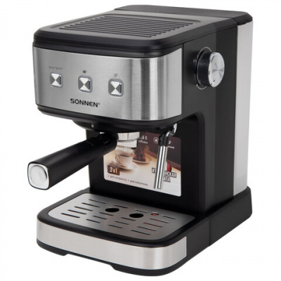 Кофеварка рожковая ручной капучинатор SONNEN CM8501, 1100 Вт, 1,5 л, 15 бар, черная/серебро, 456335 Кофеварка рожковая ручной капучинатор SONNEN CM8501, 1100 Вт, 1,5 л, 15 бар, черная/серебро, 456335