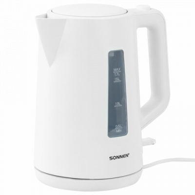 Чайник электрический SONNEN KT-1303, 1,7 л, 2200 Вт, пластик, белый, 456374