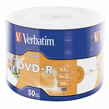 Диск DVD-R VERBATIM DataLife, 4,7 Гб, 16x, Bulk (термоусадка без шпиля), КОМПЛЕКТ 50 шт., 43791