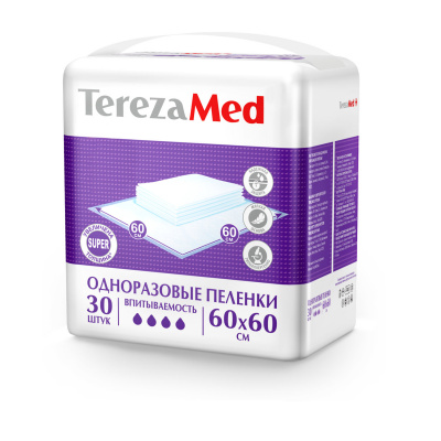Пеленки 60х60 см, TEREZAMED Super, КОМПЛЕКТ 30 шт., впитывающие, одноразовые, 50309 Пеленки 60х60 см, TEREZAMED Super, КОМПЛЕКТ 30 шт., впитывающие, одноразовые, 50309