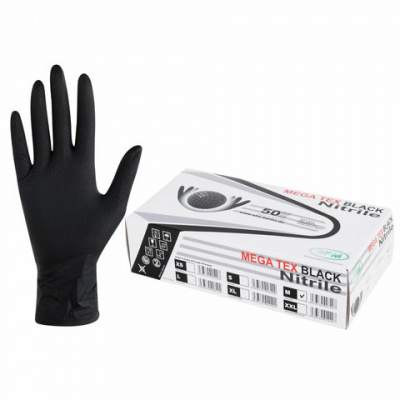 Перчатки нитриловые сверхпрочные с текстурой SFM MEGA TEX BLACK, Германия, 25 пар (50 штук), размер 7-8 (средний) Перчатки нитриловые сверхпрочные с текстурой SFM MEGA TEX BLACK, Германия, 25 пар (50 штук), размер 7-8 (средний)