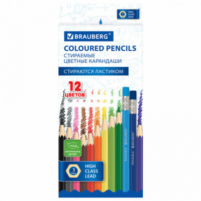Карандаши цветные стираемые с ластиком BRAUBERG ERASABLE, 12 цветов, шестигранные, грифель 3 мм, натуральное дерево, 181932 Карандаши цветные стираемые с ластиком BRAUBERG ERASABLE, 12 цветов, шестигранные, грифель 3 мм, натуральное дерево, 181932