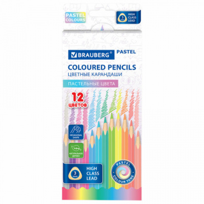Карандаши цветные BRAUBERG PASTEL, 12 пастельных цветов, трехгранные, грифель 3 мм, натуральное дерево, 181850 Карандаши цветные BRAUBERG PASTEL, 12 пастельных цветов, трехгранные, грифель 3 мм, натуральное дерево, 181850