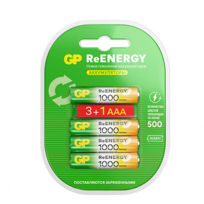 Батарейки аккумуляторные GP ReEnergy Ni-Mh КОМПЛЕКТ 4 шт. (ПРОМО 3+1), ААА (HR03), 950 mAh, 100AAAHC3/1RGY Батарейки аккумуляторные GP ReEnergy Ni-Mh КОМПЛЕКТ 4 шт. (ПРОМО 3+1), ААА (HR03), 950 mAh, 100AAAHC3/1RGY