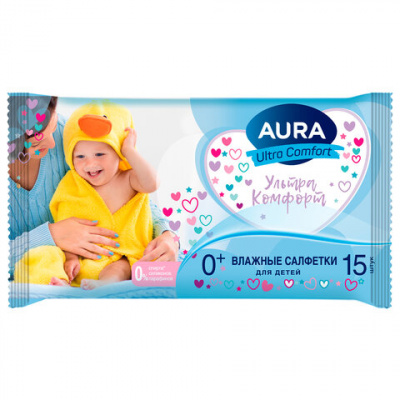 Салфетки влажные детские 15 шт., AURA Ultra Comfort, 0+, без спирта, 8492 Салфетки влажные детские 15 шт., AURA Ultra Comfort, 0+, без спирта, 8492