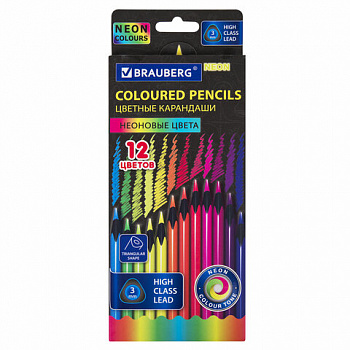 Карандаши цветные BRAUBERG NEON, 12 неоновых цветов, трехгранные, грифель 3 мм, черное дерево, 181852 Карандаши цветные BRAUBERG NEON, 12 неоновых цветов, трехгранные, грифель 3 мм, черное дерево, 181852
