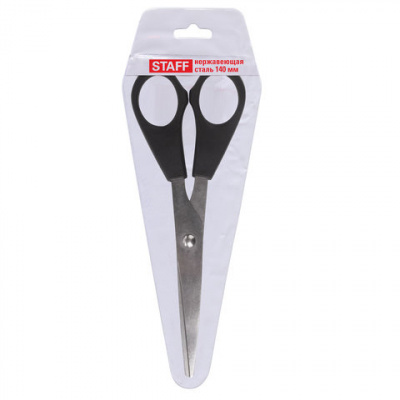 Ножницы STAFF Basic 140 мм, чёрные, ПВХ чехол с европодвесом, 235458 Ножницы STAFF Basic 140 мм, чёрные, ПВХ чехол с европодвесом, 235458