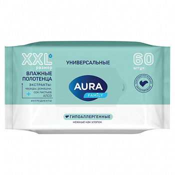 Полотенца влажные 60 шт., XXL, AURA "Family", универсальные, 14403