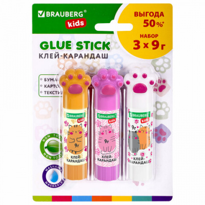 Клей-карандаш "Лапки" Cat Paw, 9 г, фигурный колпачок, 3 шт. на блистере, BRAUBERG KIDS, 271982 Клей-карандаш "Лапки" Cat Paw, 9 г, фигурный колпачок, 3 шт. на блистере, BRAUBERG KIDS, 271982