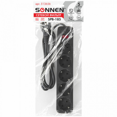 Сетевой фильтр SONNEN SPB-185, 5 розеток с заземлением, выключатель, 10 А, 1,8 м, черный, 513656 Сетевой фильтр SONNEN SPB-185, 5 розеток с заземлением, выключатель, 10 А, 1,8 м, черный, 513656
