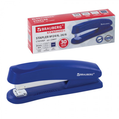 Степлер №24/6, 26/6 BRAUBERG "Standard+", до 30 листов, полнозагрузочный, синий, 228607 Степлер №24/6, 26/6 BRAUBERG "Standard+", до 30 листов, полнозагрузочный, синий, 228607