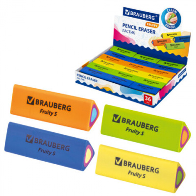 Ластик BRAUBERG "Fruity S", 44х15х15 мм, цвет ассорти, треугольный, 228713