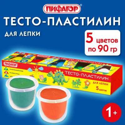 Пластилин на растительной основе (тесто для лепки) ПИФАГОР, 5 цветов, 450 г, картонный рукав, 104438 Пластилин на растительной основе (тесто для лепки) ПИФАГОР, 5 цветов, 450 г, картонный рукав, 104438