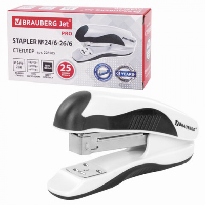 Степлер №24/6, 26/6 BRAUBERG "JET PRO", до 25 листов, эргономичный, бело-черный, 228585 Степлер №24/6, 26/6 BRAUBERG "JET PRO", до 25 листов, эргономичный, бело-черный, 228585