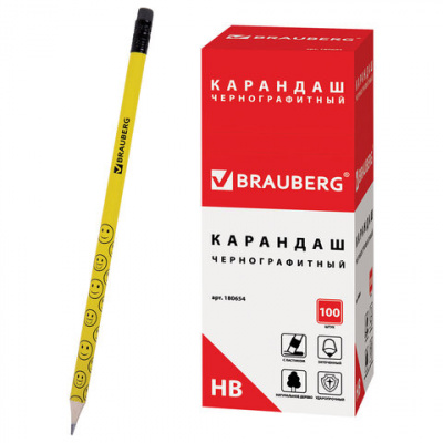 Карандаш чернографитный BRAUBERG, 1 шт., "Смайлики", НВ, c ластиком, корпус желтый, заточенный, 180654 Карандаш чернографитный BRAUBERG, 1 шт., "Смайлики", НВ, c ластиком, корпус желтый, заточенный, 180654