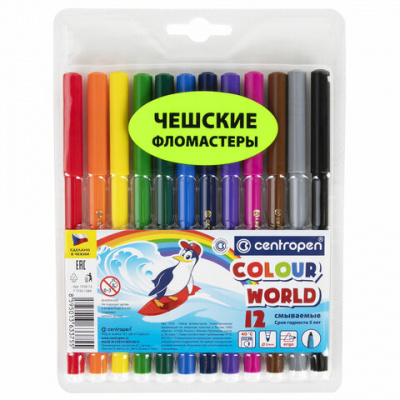 Фломастеры 12 ЦВЕТОВ CENTROPEN "Colour World", круглые, смываемые, 7550/12TP, 7 7550 1284 Фломастеры 12 ЦВЕТОВ CENTROPEN "Colour World", круглые, смываемые, 7550/12TP, 7 7550 1284
