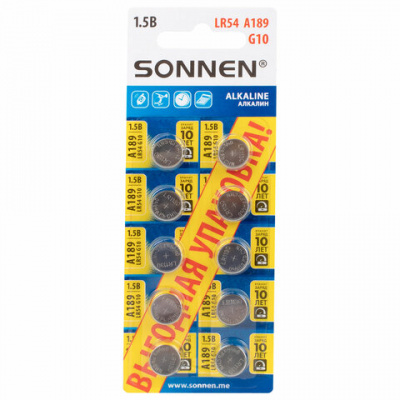 Батарейки алкалиновые "таблетка" КОМПЛЕКТ 10 шт., SONNEN Alkaline 189A (G10, LR54), в блистере, 457136 Батарейки алкалиновые "таблетка" КОМПЛЕКТ 10 шт., SONNEN Alkaline 189A (G10, LR54), в блистере, 457136