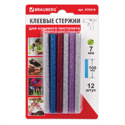Клеевые стержни, диаметр 7 мм, длина 100 мм, цветные (ассорти), С БЛЕСТКАМИ, КОМПЛЕКТ 12 шт., 6 цветов, BRAUBERG, 670319 Клеевые стержни, диаметр 7 мм, длина 100 мм, цветные (ассорти), С БЛЕСТКАМИ, КОМПЛЕКТ 12 шт., 6 цветов, BRAUBERG, 670319