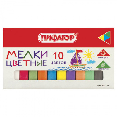 Мел цветной квадратный 10 штук, ПИФАГОР, картонная упаковка, 221168 Мел цветной квадратный 10 штук, ПИФАГОР, картонная упаковка, 221168