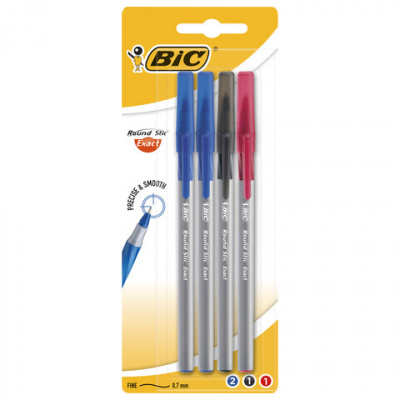 Ручки шариковые с грипом BIC "Round Stic Exact", НАБОР 4 шт./3 ЦВЕТА (синий, черный, красный), линия письма 0,28 мм, блистер, 932858 Ручки шариковые с грипом BIC "Round Stic Exact", НАБОР 4 шт./3 ЦВЕТА (синий, черный, красный), линия письма 0,28 мм, блистер, 932858